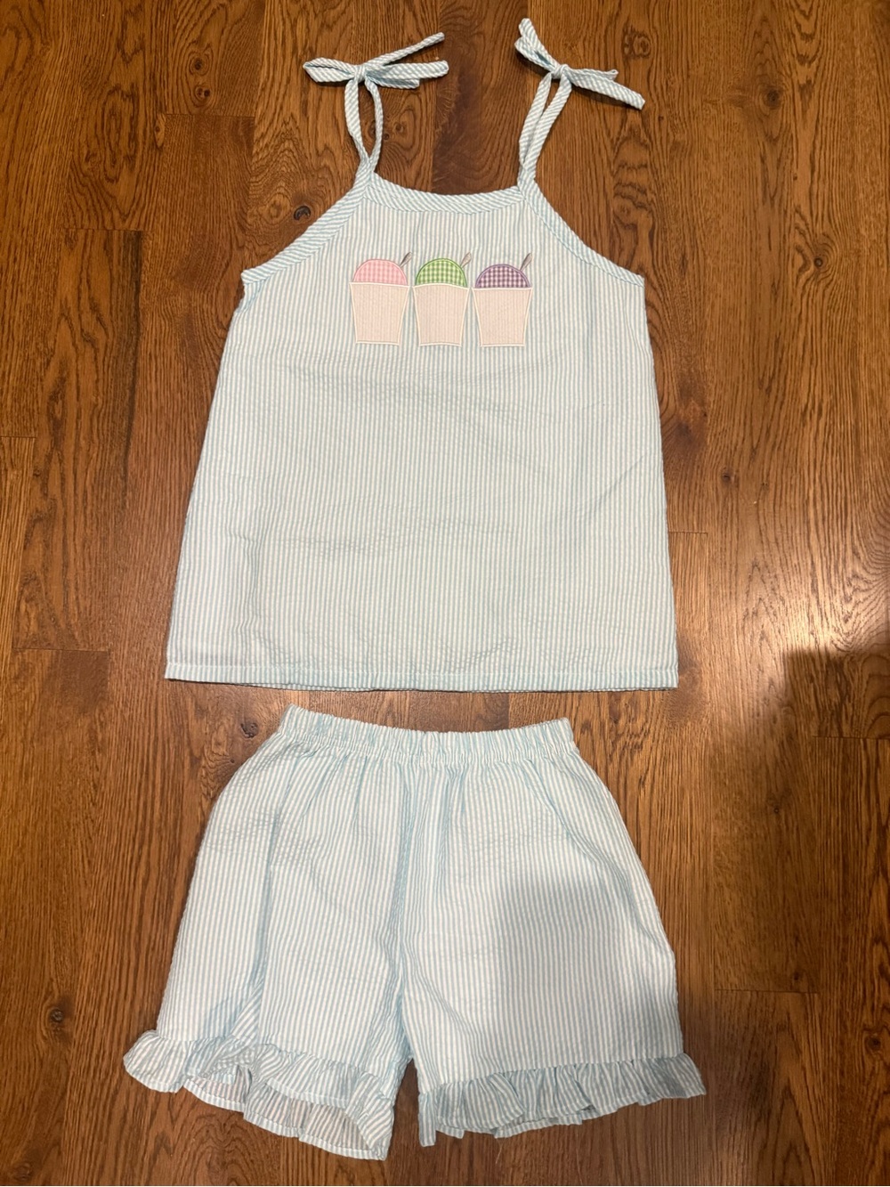 Light Blue Stripe Girls Tank & Shorts Pajama Set with Popsicle Applique